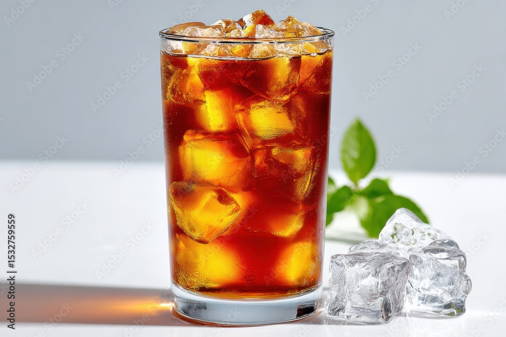 Poster refreshing iced tea in glass with ice cubes, ideal for summer refreshment and beverage advertising, 