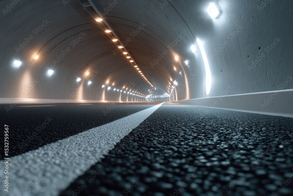 Poster inside a concrete tunnel with lights, illustrating infrastructure and modern transportation solution