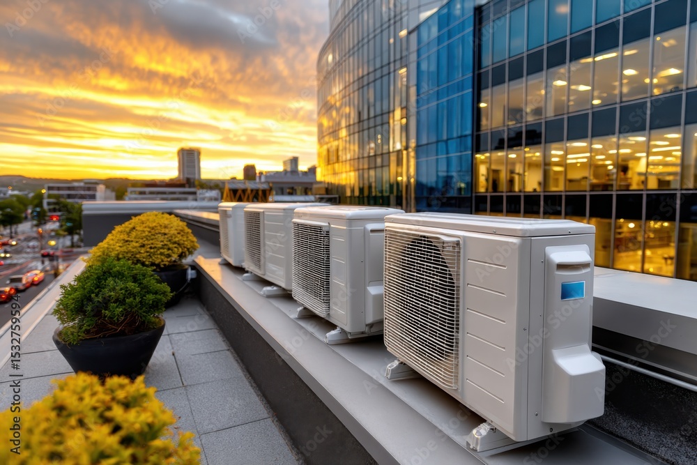 Poster air conditioning units on a rooftop at sunset, representing sustainable technology and energy effici