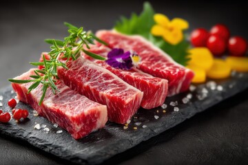 Close-Up of Fresh Wagyu Beef Cubes on Slate, Representing Gourmet Food and Culinary Excellence for Restaurant Menus and Recipe Inspiration : Generative AI