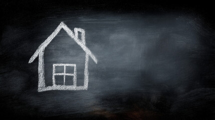 Simple chalk house sketch on textured blackboard, symbolizing home and creativity.