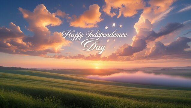 Peaceful sunrise over open fields with &ldquo;Happy Independence Day&rdquo; written in clouds or skywriting
