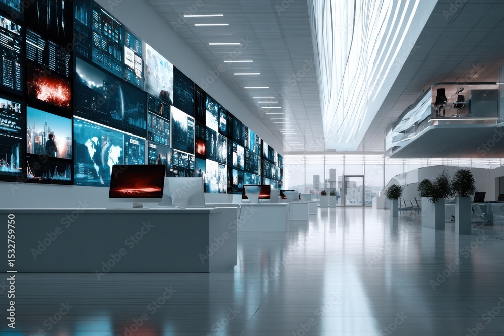 Poster Modern Data Center With Multiple Screens Displaying Information, Representing Technology and Digital Transformation in Business and Finance : Generative AI