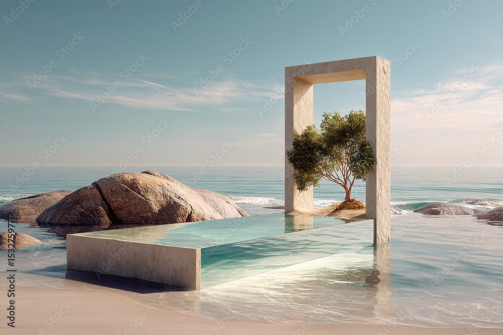 Poster minimalist infinity pool on beach with stone archway and tree, evoking tranquility and serenity for 
