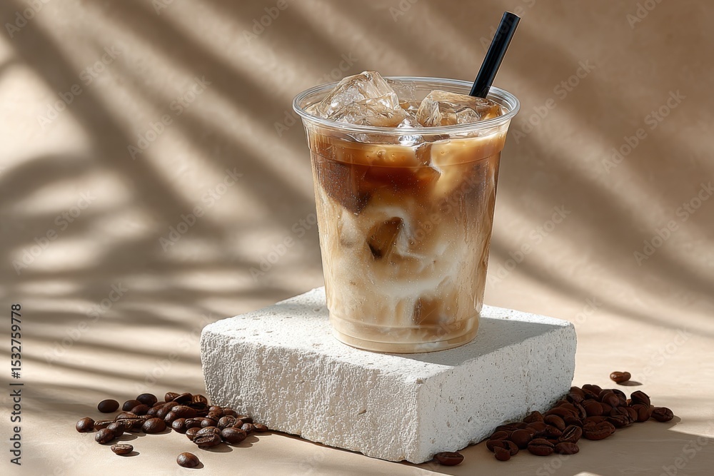 Poster iced coffee drink with straw on stone plinth, representing refreshment and a moment of indulgence in