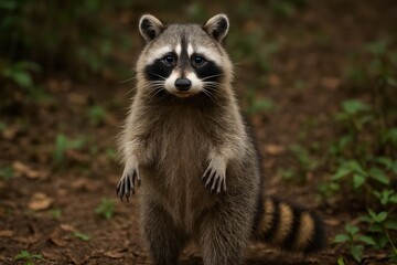 Raccoon Standing Up In Forest Undergrowth