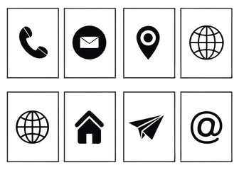 A collection of eight minimalist contact icons arranged in a grid featuring symbols for phone email location website home paper airplane and at symbol