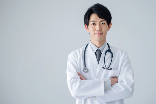 白衣と聴診器を身に着けた若い日本人男性医師のポートレート。白背景で清潔感があり、信頼感を与える医療従事者の人物素材。