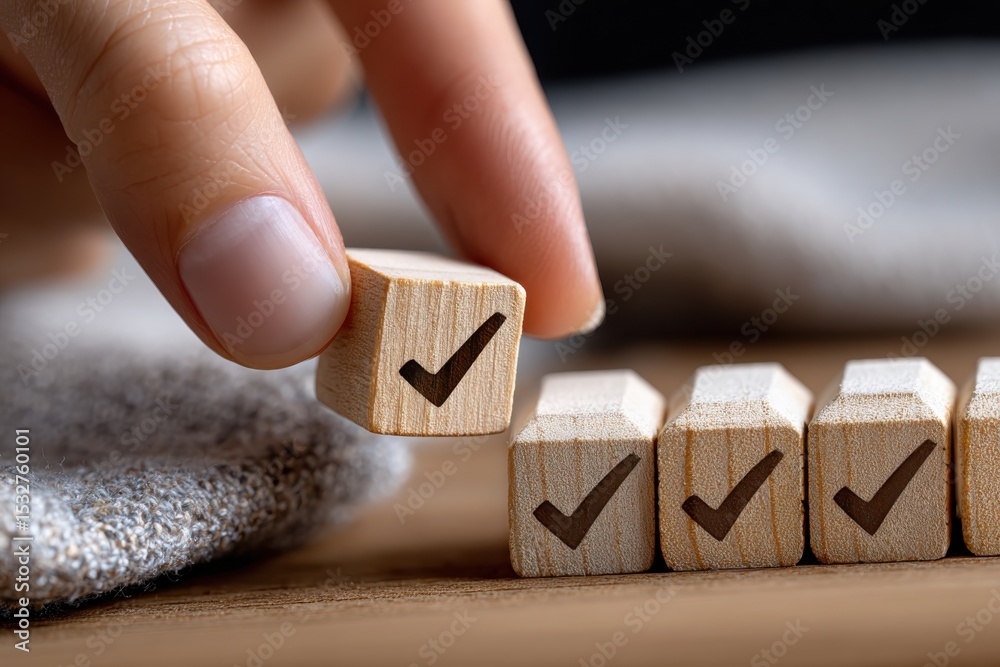 Aufkleber Hand Placing Checkmark Block in a Row, Representing Task Management, Approval, and Project Completion : Generative AI