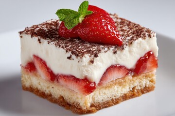 Strawberry Tiramisu Cake Slice Topped With Mint, Representing Culinary Delights and Sweet Indulgence for Food Bloggers and Dessert Lovers : Generative AI