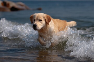 Golden Retriever Puppy Running Through Waves at the Beach, Representing Summer Fun and Pet Adoption : Generative AI