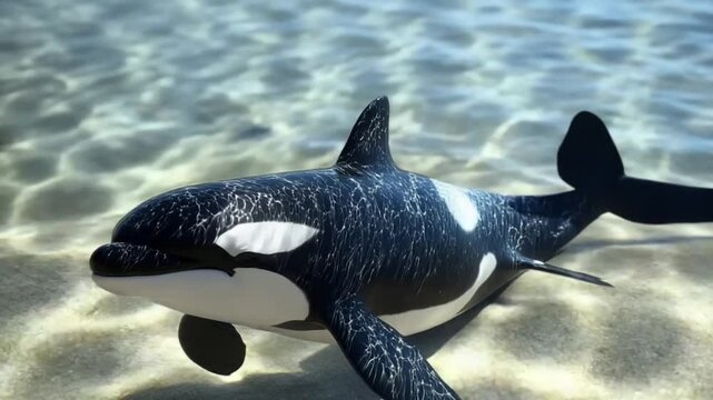 Captivating close-up of a killer whale swimming gracefully in the shallow, crystal-clear waters