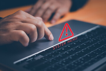 Concept of warning or alert, technology scam, tech crime,Man show warning of access to software,...