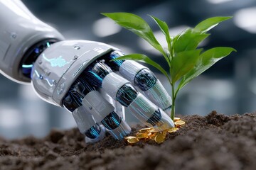 Robotic Hand Nurturing a Plant Sprout with Gold Coins, Symbolizing Sustainable Investment and Technological Advancement in Agriculture : Generative AI