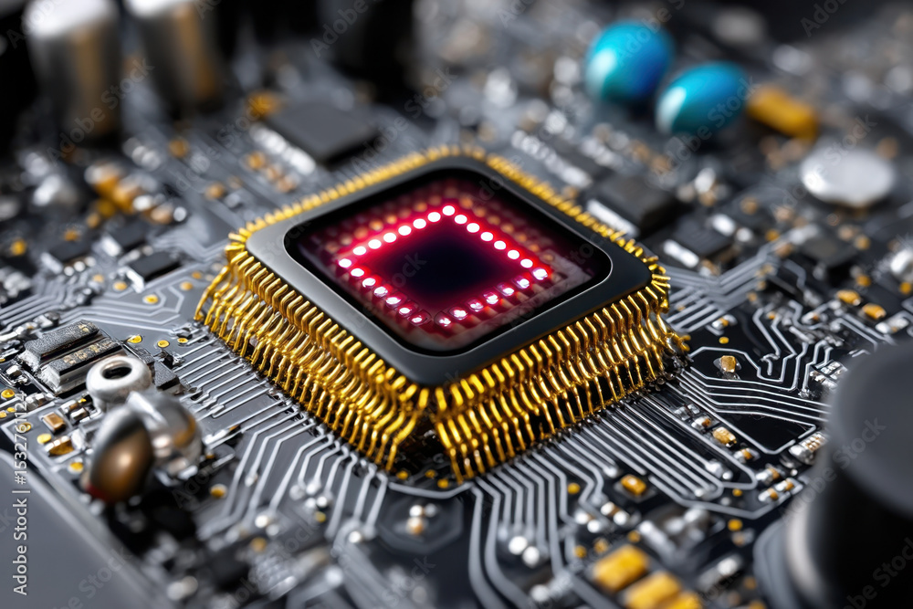 Poster close-up view of a modern computer processor on a complex circuit board