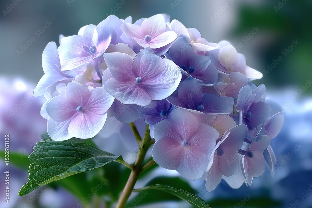 Poster pastel hydrangea bloom in soft focus, symbolizing serenity and new beginnings for mother's day card 
