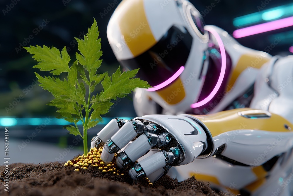 Poster robot hand planting a sapling in soil with golden seeds, symbolizing sustainable technology and envi