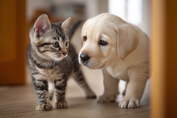Curious Kitten and Golden Labrador Puppy Face to Face Indoors, Symbolizing Friendship and Companionship for Pet Adoption Campaigns : Generative AI