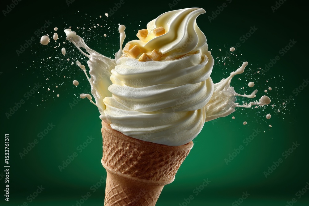 Poster vanilla ice cream cone with splash and toffee pieces against green background, ideal for summer trea