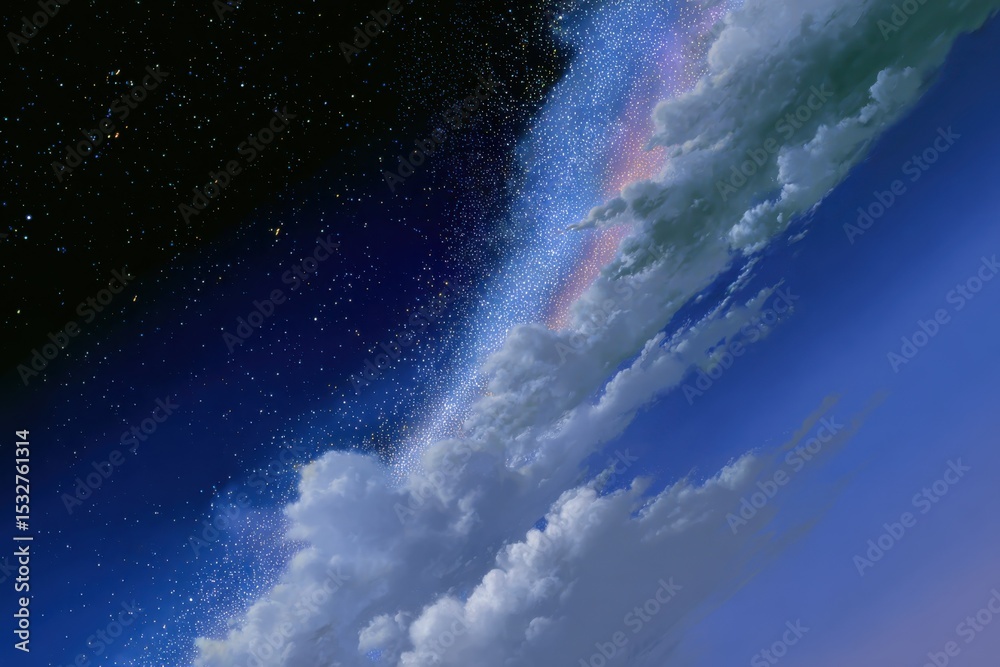Poster starry sky and clouds at night, representing dreamy imagination and the wonders of astronomical expl