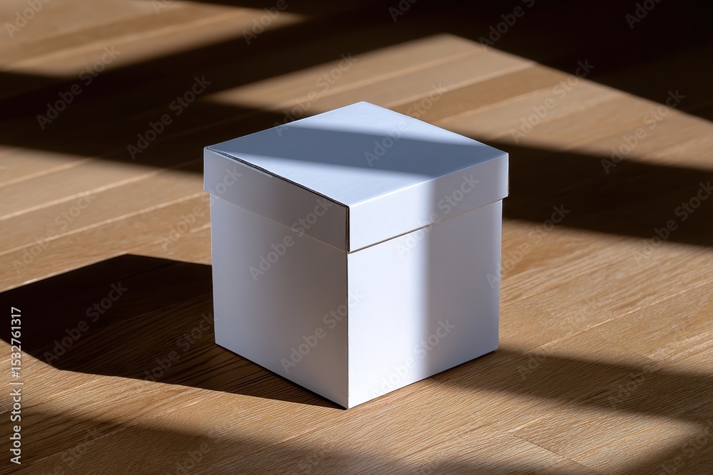 Poster white box on wooden floor with shadow, symbolizing packaging and unboxing experience for product pre