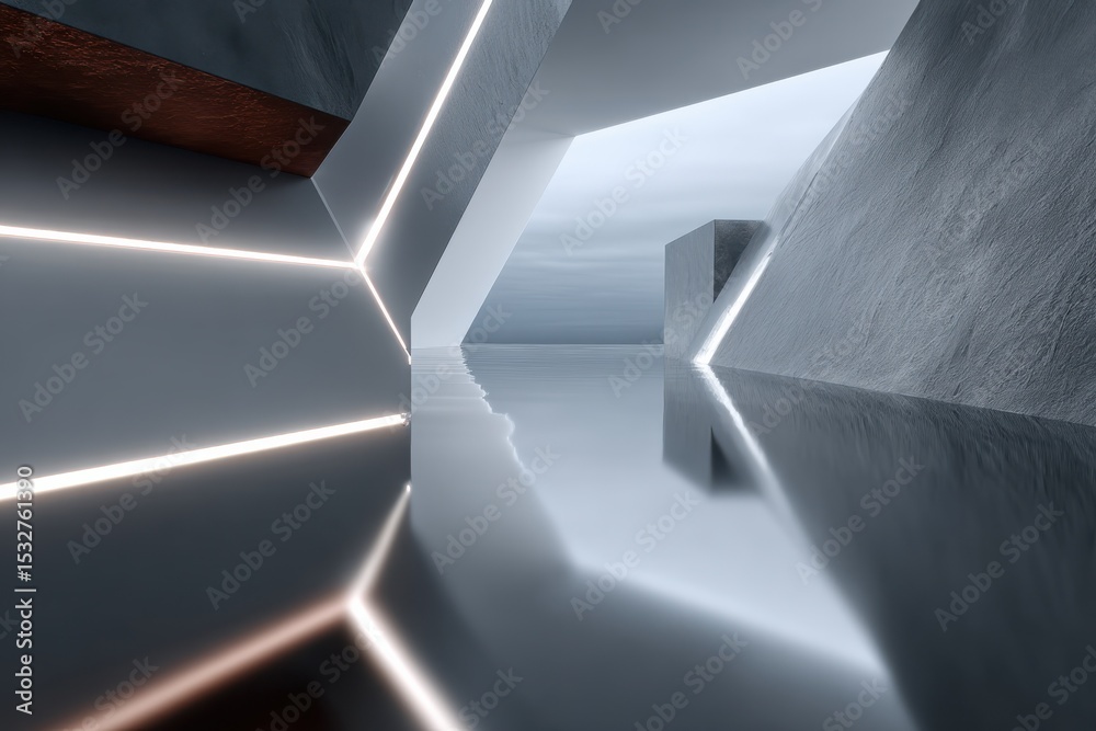 Poster minimalist architecture with glowing lines and water reflections, ideal for showcasing innovation an