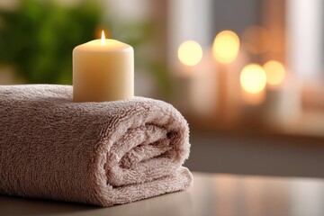 Candle on Rolled Towel in Spa Setting, Offering Relaxation and Wellness for Hospitality and Self-Care Businesses : Generative AI