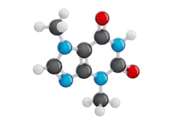 Theobromine molecule isolated on transparent background. Detailed 3D model. Molecular formula: C7H8N4O2. Chemical model: Ball and Stick. 3D illustration.