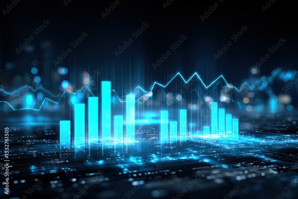 Poster Glowing Bar Graph and Line Chart on Circuit Board, Illustrating Financial Growth and Digital Transformation in Business Analytics and Technology : Generative AI