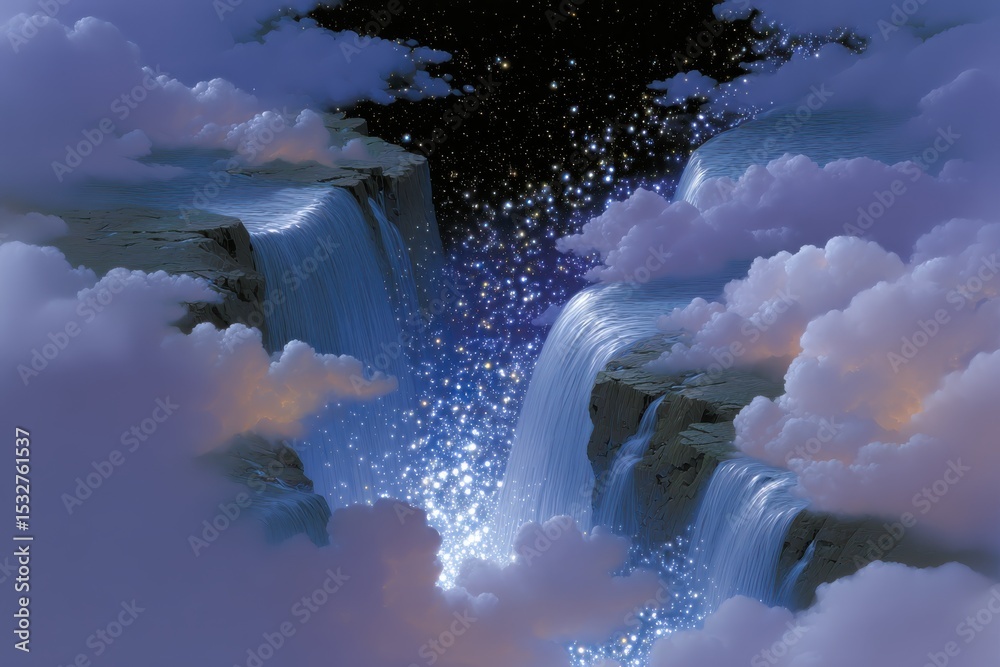 Poster Celestial Waterfalls Cascading From Cliffs Into Starry Space, Evoking Wonder and a Sense of Transcendence and Spiritual Journey : Generative AI