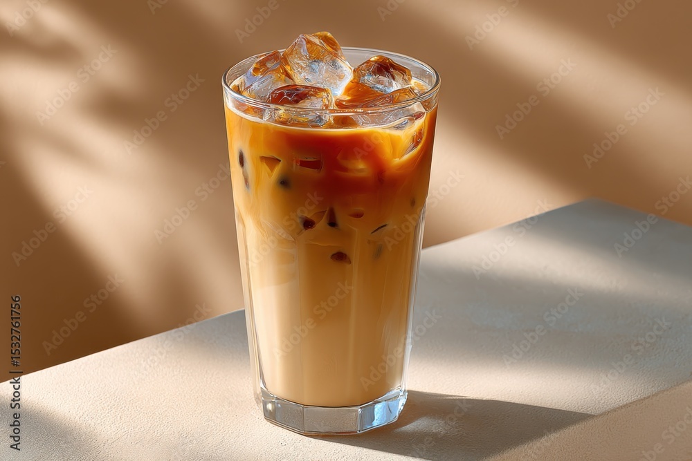 Poster iced coffee in glass with ice cubes on beige surface, representing refreshment and summer relaxation