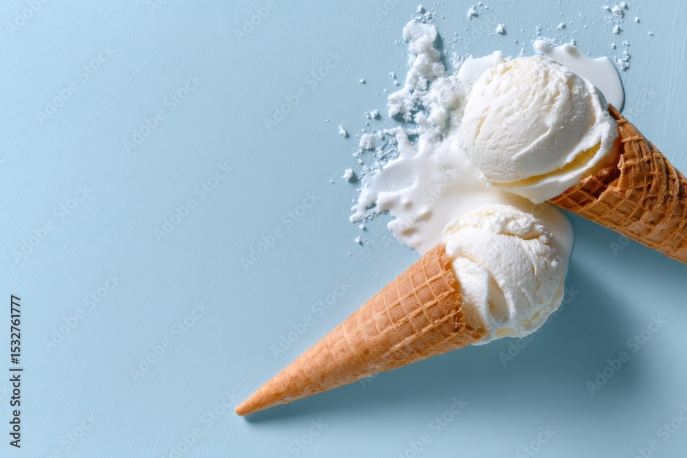 Poster Vanilla Ice Cream Cones Melting on Light Blue Surface, Representing Summer Indulgence and Sweet Treats for Food Blogs : Generative AI