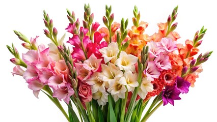 Obraz premium Beautiful bouquet of gladiolus flowers in multiple colors on a white background