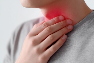 Woman's Sore Throat Highlighted in Red, Seeking Medical Attention and Representing Healthcare Awareness for Prevention and Treatment of Illnesses : Generative AI