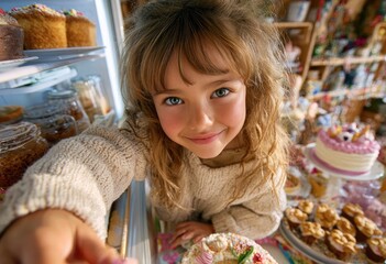 A girl reaching into the fridge to get one of her favorite treats, which include cake and soft drinks