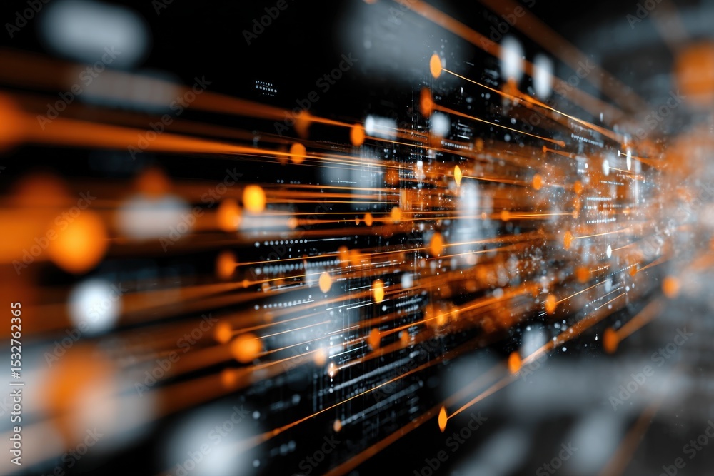 Poster Abstract Network of Orange Data Streams on Black, Representing Digital Transformation and Technological Innovation, Connecting the Future of Communication : Generative AI