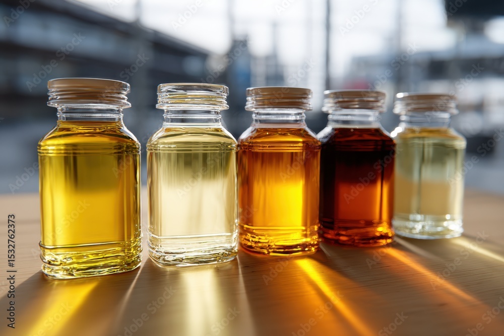 Poster bottles of different colored liquids on a wooden surface, illustrating experimentation and scientifi