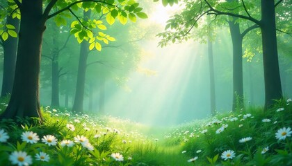 Fototapeta premium Sunlit Forest Haven: A breathtaking natural sanctuary unfolds, where sunlight streams through towering trees, illuminating a path strewn with wildflowers, inviting exploration and serenity. 