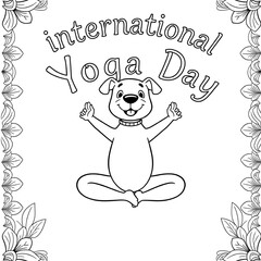 Cheerful Dog International Yoga Day Coloring Page with Floral Border