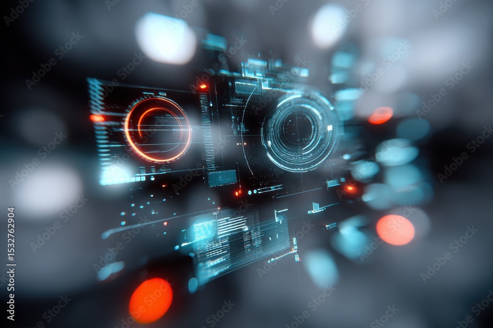 Poster Futuristic Interface With Glowing Circles, Representing Data Analysis and Technological Advancement in Digital Transformation and Innovation : Generative AI