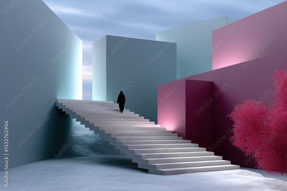 Poster person climbing stairs towards light between colorful geometric structures, representing ambition an