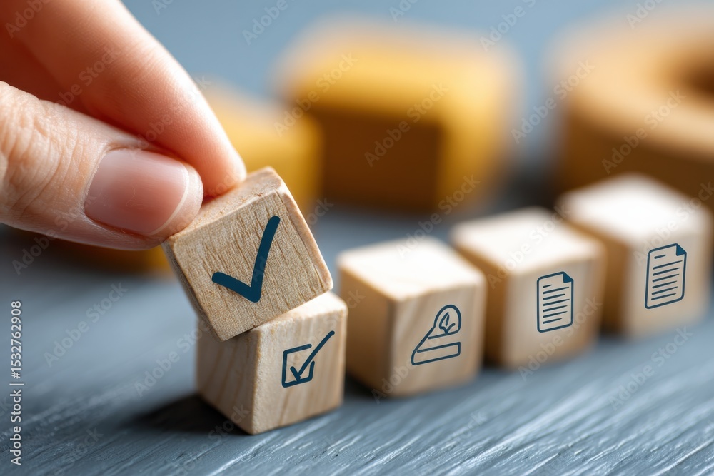 Poster Hand Stacking Wooden Blocks with Check Marks, Symbolizing Project Management and Task Completion for Business Workflow : Generative AI