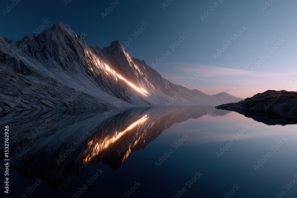Poster snowy mountain range reflected in still lake at dusk, evoking serenity and environmental awareness f