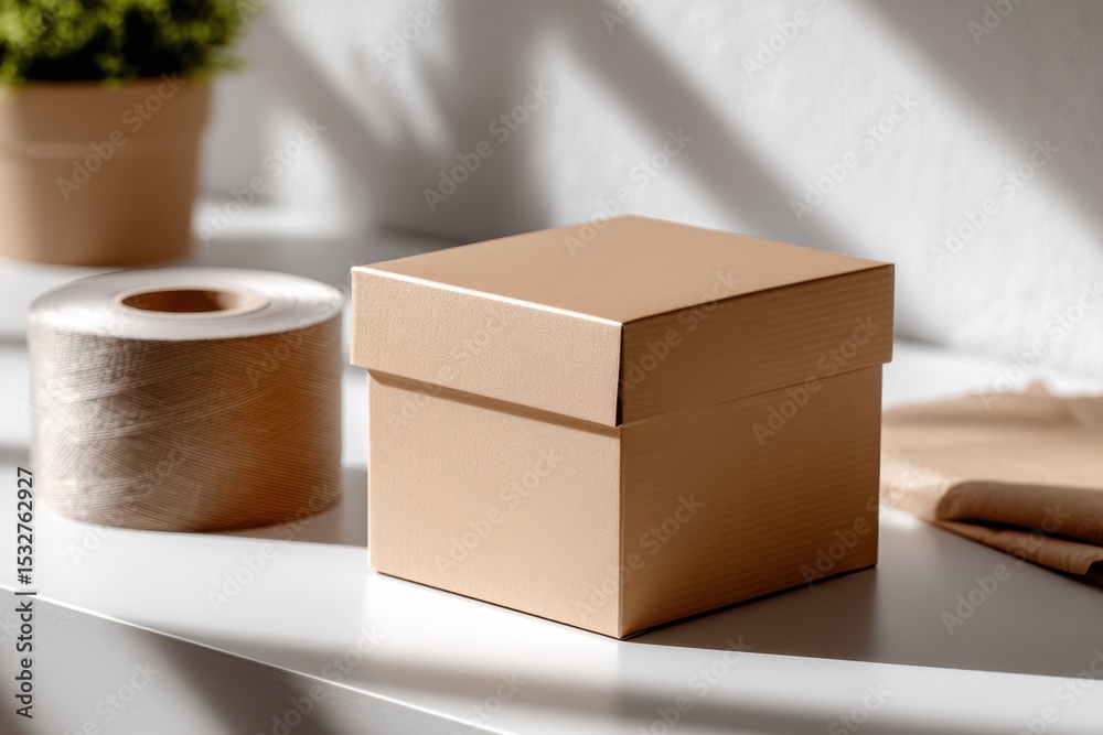 Poster beige box on shelf with ribbon and plant, representing gifts and sustainable packaging for e-commerc