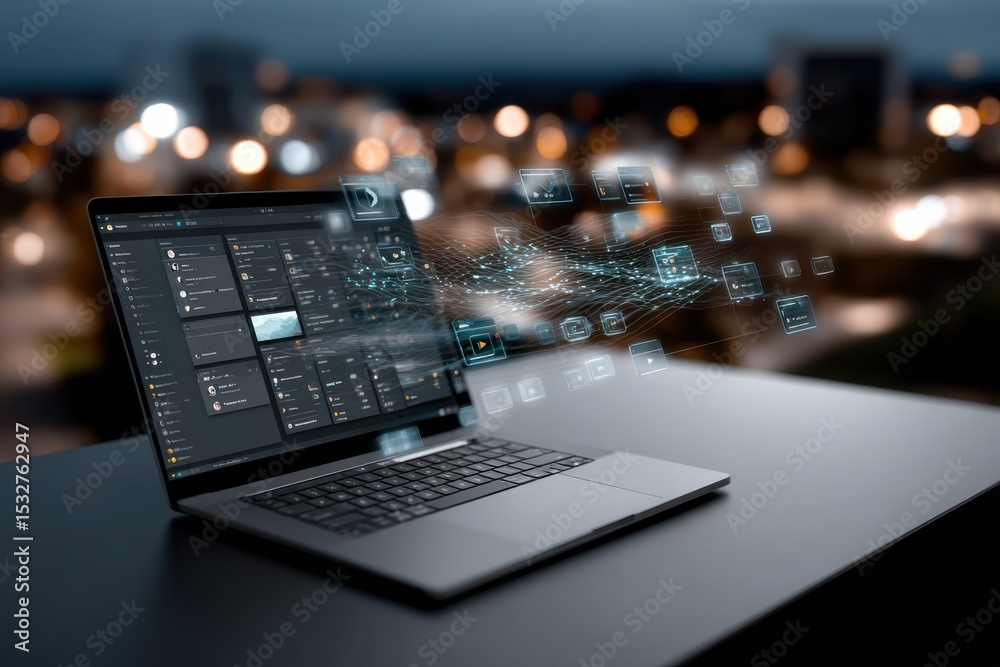 Poster Laptop Displaying Complex Data Visualization at Night, Representing Digital Transformation and Technological Advancement in Business Strategy : Generative AI
