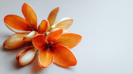 A close up of three orange flowers with a white background