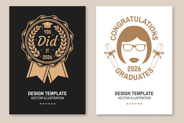 Set of posters and banners for class of 2026 graduation. Vector. Congratulations graduates banner sticker card with academic hat for high school or college graduation