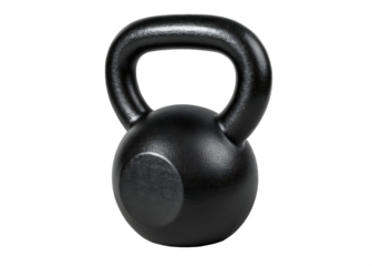 A single black kettlebell centered on a black background in a studio setting for fitness equipment