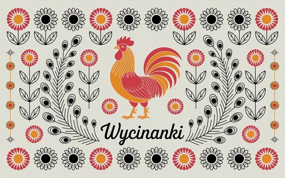Polish Wycinanki (Paper Cut Folk Art) Stylized Rooster with Floral Folk Art Design Wycinanki