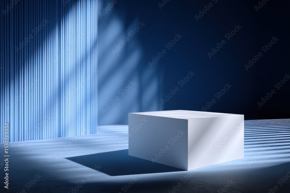 Poster white cube on blue minimalist stage with shadow play, ideal for product mockup and creative showcase